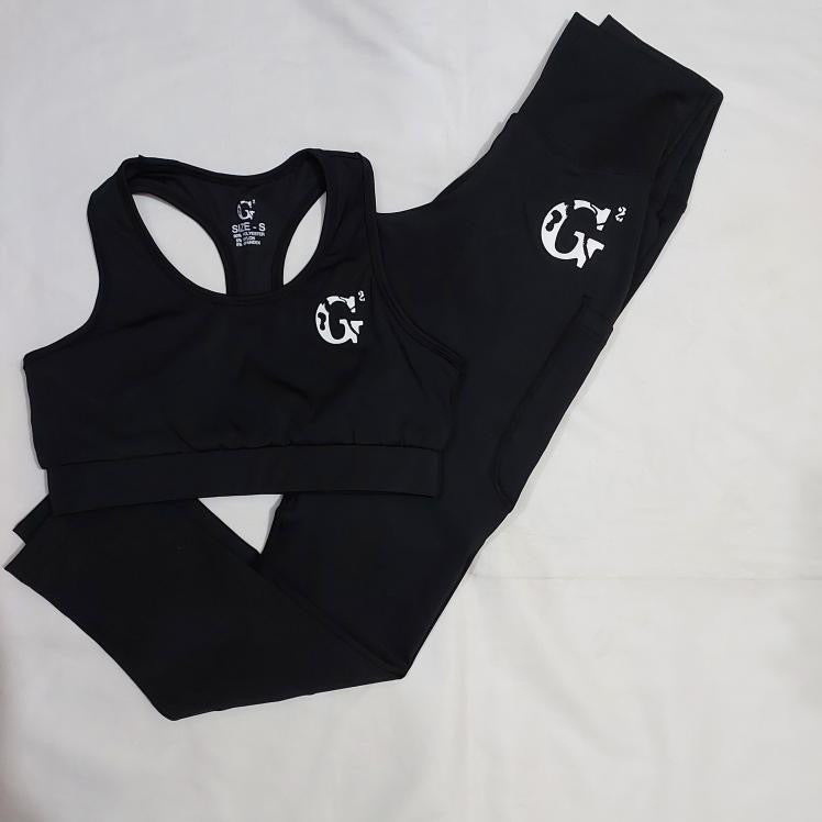 G2, black sports bra & leggings